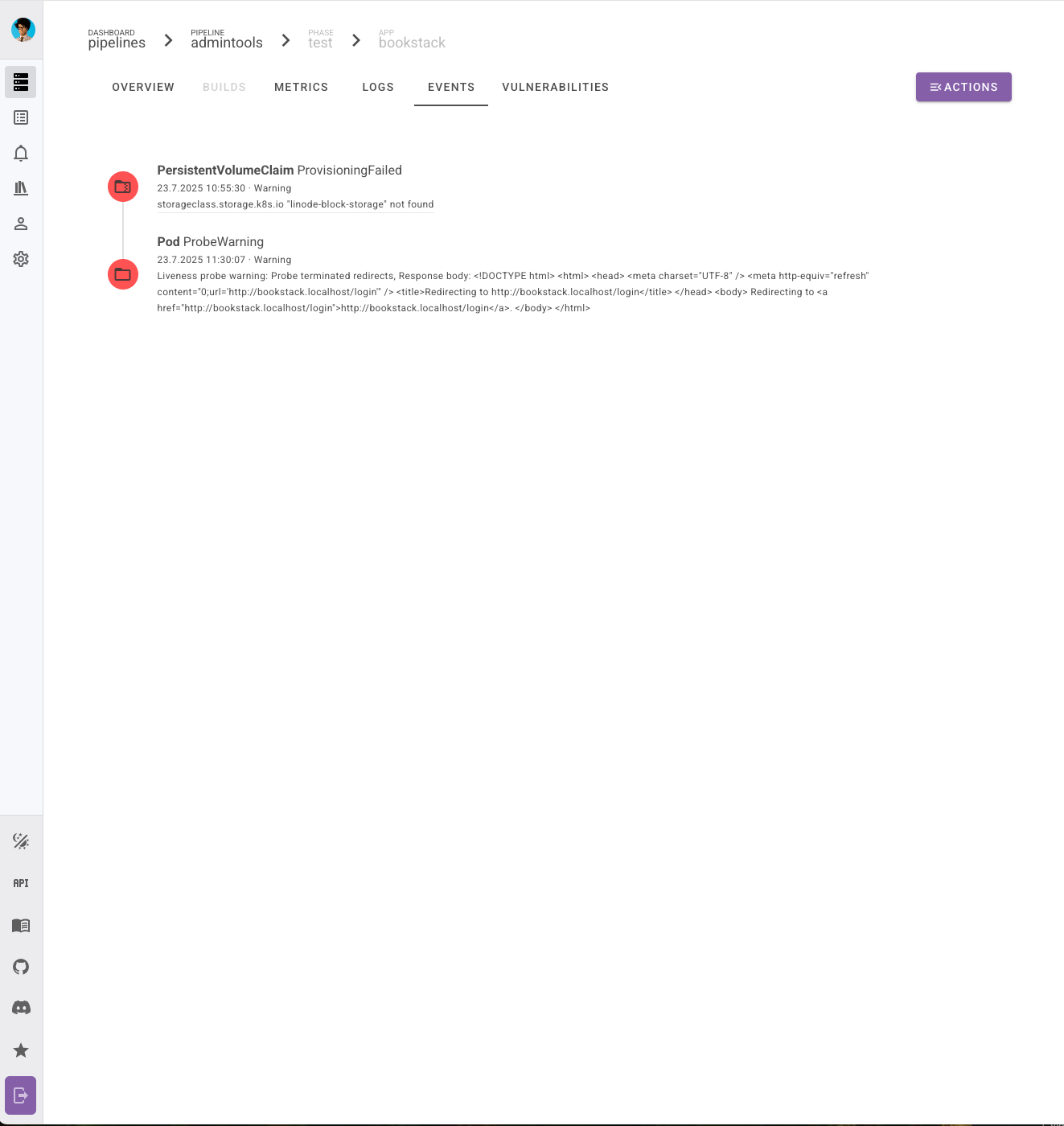 kubernetes events related to this app